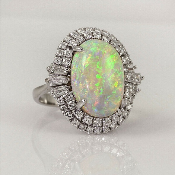 925 Silver White Oval Cut Fire Opal Ring New - Picture 3 of 5